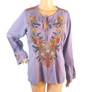 Johnny Was embroidered v-neck,bell sleeves tunic top